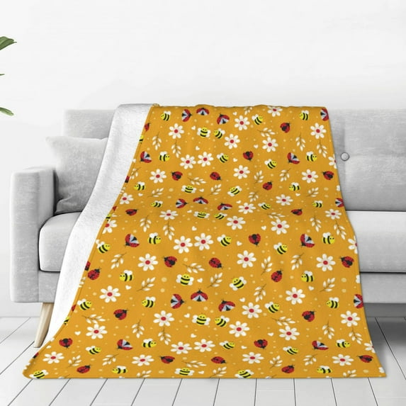 Fuzoiu Bees And Ladybug Print Ultra-Soft Micro Fleece Blanket,All Seasons Flannel Throw, Lightweight Blanket for Bed, Sofa, Couch, Movie Night, Camping, and Travel-60"x50"