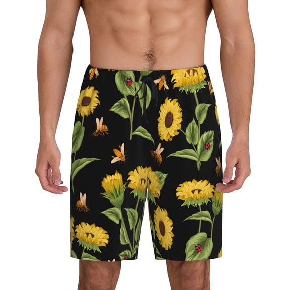 Fuzoiu Bees and Sunflowers Print Pajama Shorts for Men, Men's Pajama Bottoms,Mens Lounge Sleepwear,Pajama Pants with Pocket-Medium
