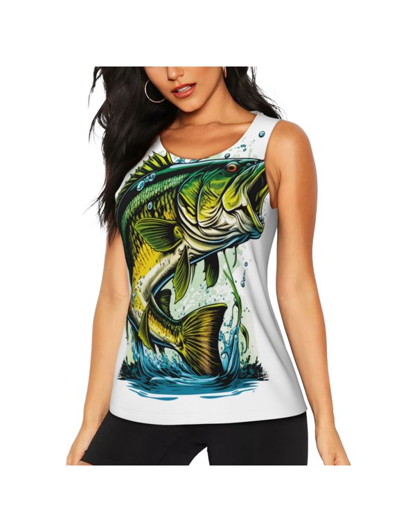 Big bass fish Print Women's Workout Tank Top,Athletic Racerback Sports Tank,Tops Sleeveless Running Loose Fit Yoga Tops,Active Shirts for Yoga, Running, and Gym-X-Large