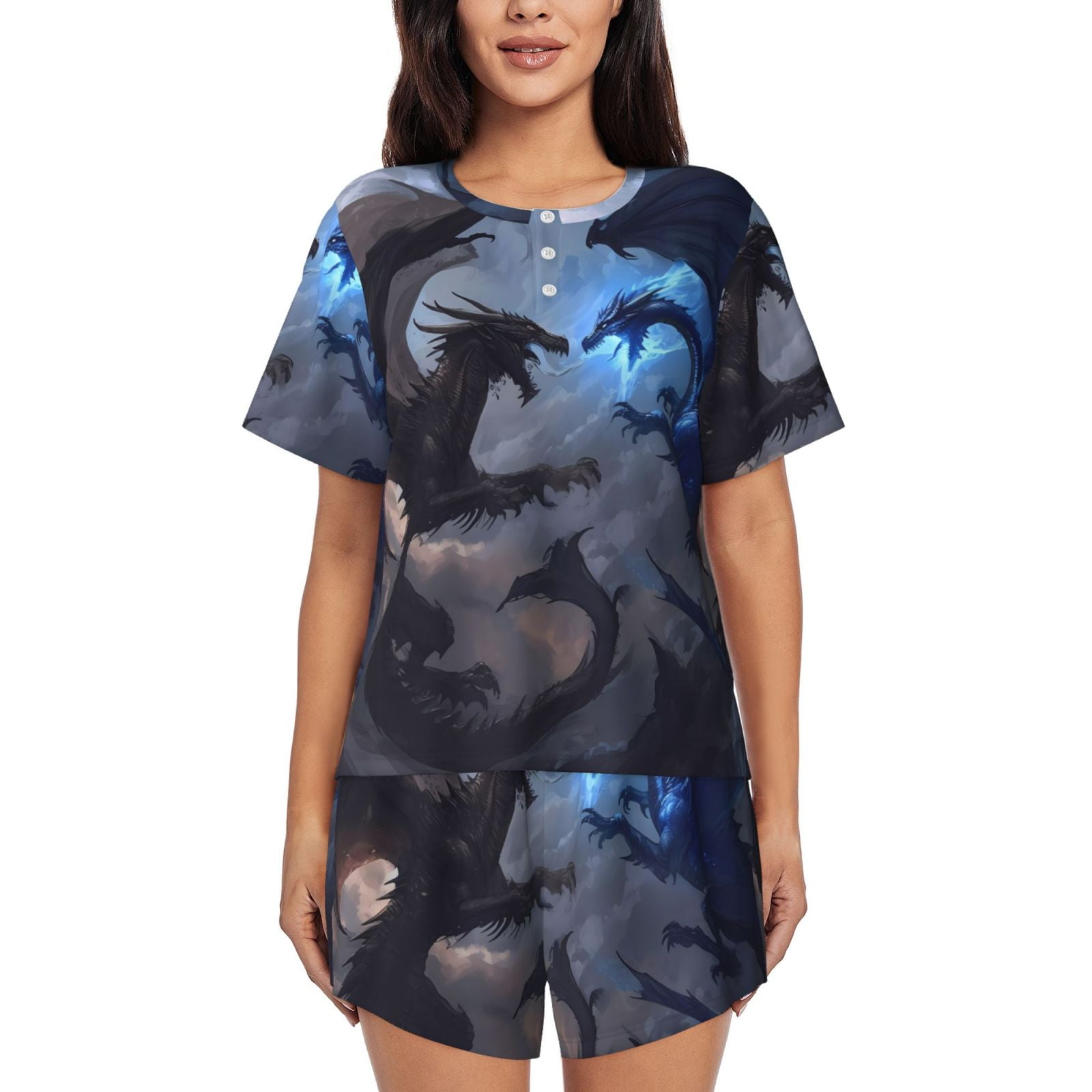 Fuzoiu Black And Blue Lightning Dragon Print Women's Short-Sleeved ...