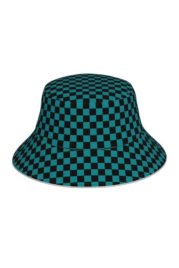 Black And Teal Checkerboard Print Reflective Bucket Hat,Outdoor Hat for Men and Women,Bucket Hat for Travel Fishing Hunting Summer Camp