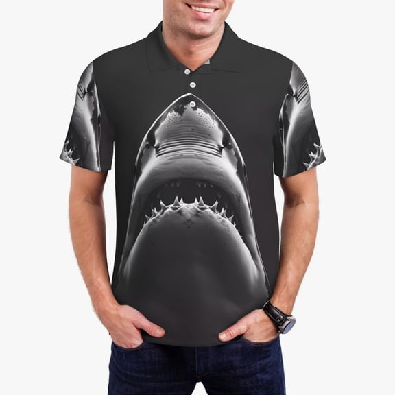Fuzoiu Black And White Shark Print Men's Polo Shirts Short Sleeve,Golf Shirts for Men,Mens Golf Shirt Moisture Wicking Quick-Dry-XX-Large
