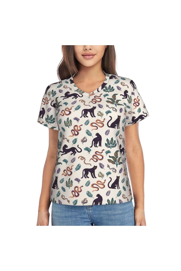 Black Cat And Snake Print Women's Classic V-Neck T-Shirt, Short Sleeve V Neck Tees for Casual Everyday Wear,Casual Fit Tee,Summer Fashion Tops-Large
