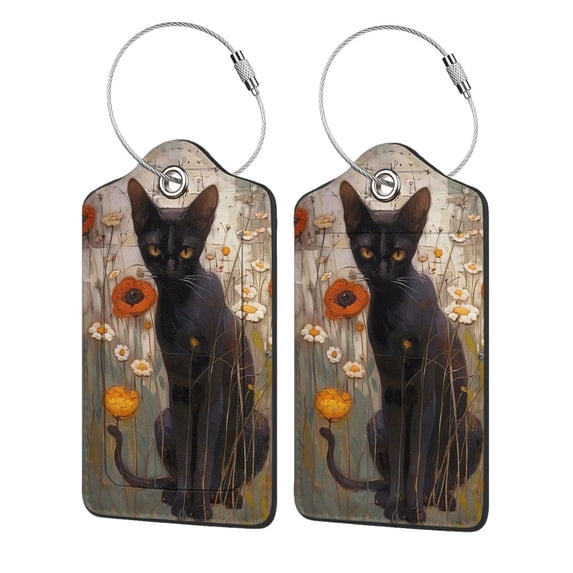Fuzoiu Black Cat in Wildflowers Print Premium Leather Luggage Tag,Travel Accessory,Luggage Tag for Suitcase Baggage Handbag Travel Bag,Name Card & Privacy Cover-2 PCS