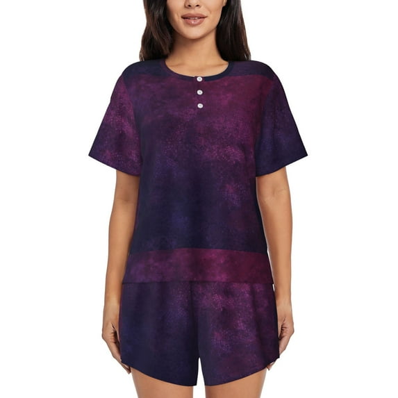 Fuzoiu Black Dark Blue Purple Print Women's Short-Sleeved Pajama Set,Lounge Sleepwear Set,Womens Pajama Sets 2 Piece,Button-Up Top and Shorts with Pockets-Large
