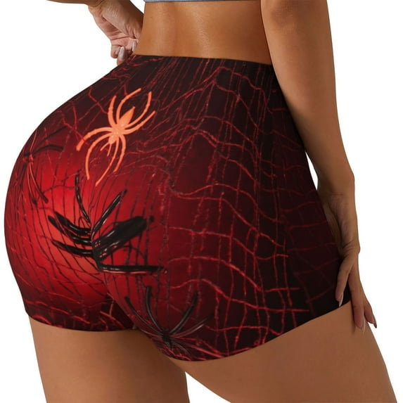 Fuzoiu Black Spider Web With Spiders Print Women's Workout Shorts,Workout Biker Shorts Women,Exercise Fitness Shorts,Scrunch Short, Athletic Shorts for Gym Yoga Running Sport Active-X-Large