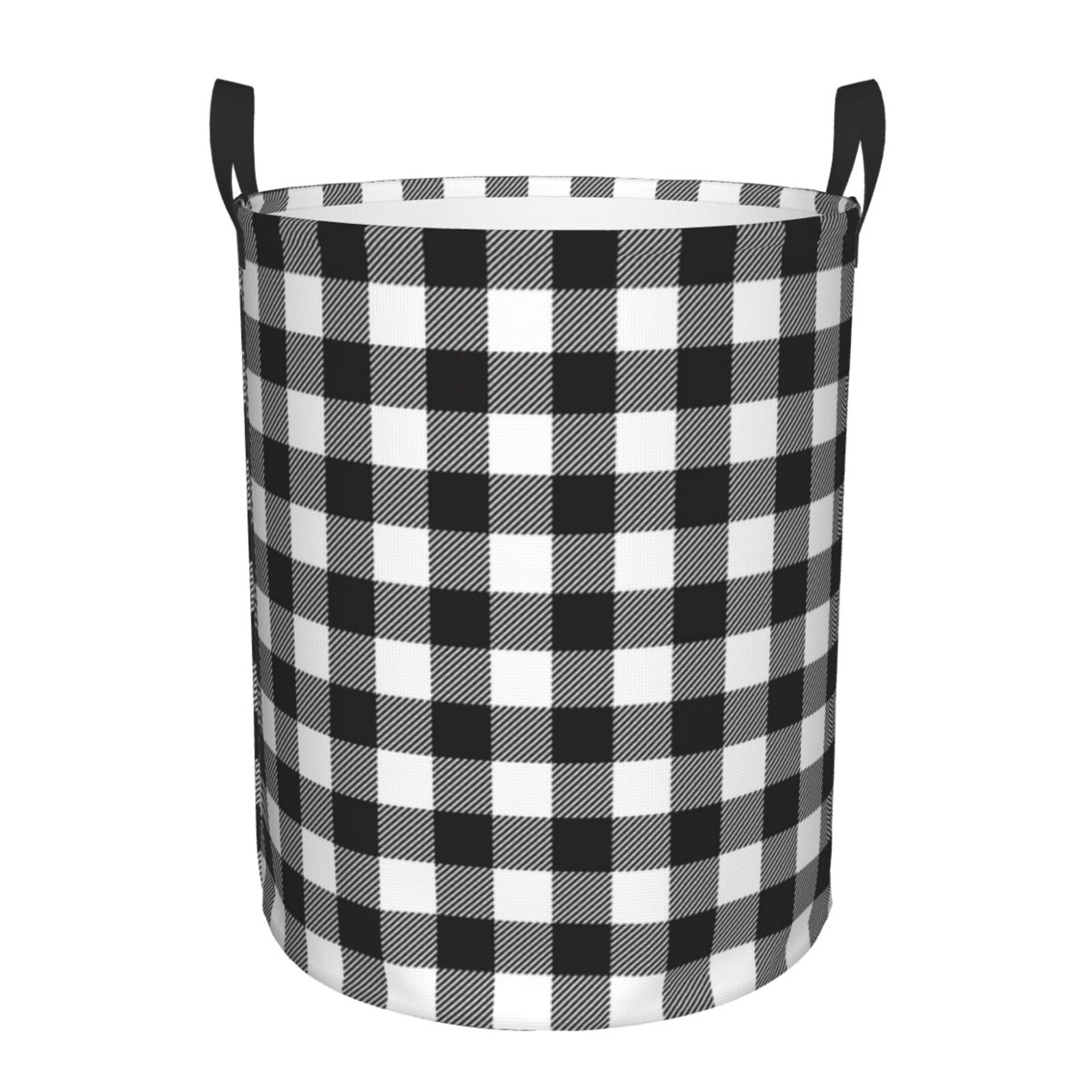 Fuzoiu Black White Plaid Print Circular Hamper,Laundry Basket with Handle,Collapsible Laundry,Dirty Clothes Storage Basket,for Bedroom Bathroom Dorm Living Room-Small
