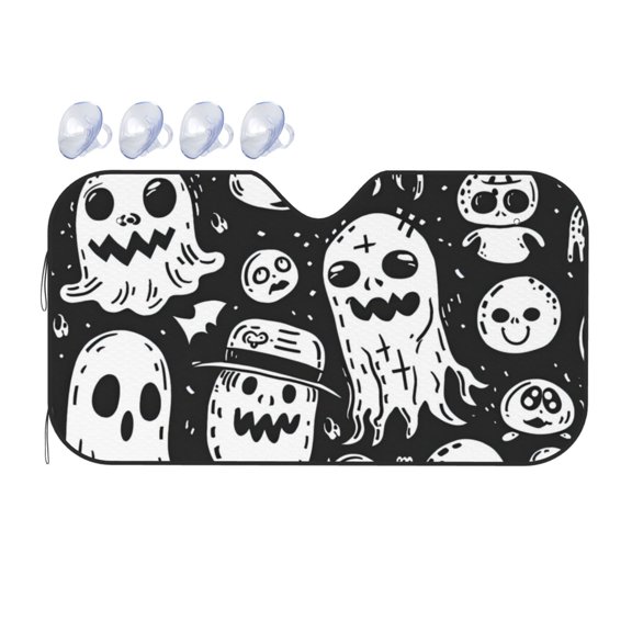 Fuzoiu Black White Spooky Ghosts Print Car Windshield Sunshade,Foldable Reflective Sun Visor,Windshield Sun Shade,UV Rays Sun Visor Shade,Auto Front Sun Shield Shade-Small