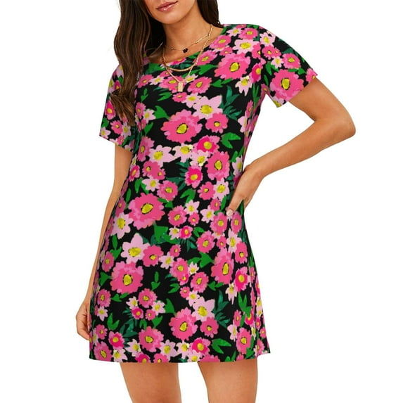 Fuzoiu Blooming Meadow Print Women Nightgowns, Soft Comfy Lightweight Short Sleeves Sleepwear,Crew Neck Loungewear