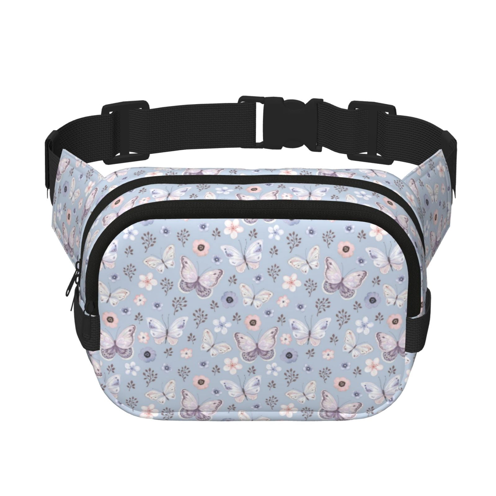 Fuzoiu Blue Butterfly Print Unisex Square Double Layer Waist Bag,Crossbody Fanny Pack Travel Workout Accessory