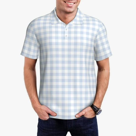 Fuzoiu Blue Checkboard Print Men's Polo Shirts Short Sleeve,Golf Shirts for Men,Mens Golf Shirt Moisture Wicking Quick-Dry-Large
