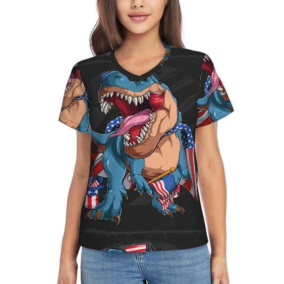 Fuzoiu Blue Dinosaur Print Women's Classic V-Neck T-Shirt, Short Sleeve V Neck Tees for Casual Everyday Wear,Casual Fit Tee,Summer Fashion Tops-XX-Large