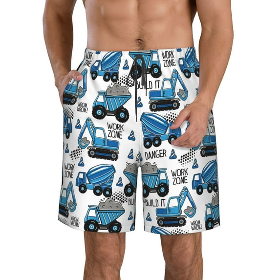 Fuzoiu Blue Excavator Print Men's Beach Shorts,Men's Swim Trunks,Quick Dry Board Shorts with Pockets,Men's Bathing Suits for Surfing, Running, and Casual Wear-Medium