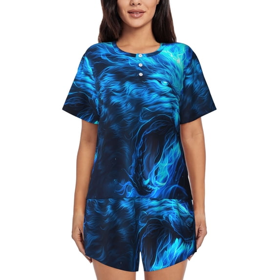 Fuzoiu Blue Fire Wolf Print Women's Short-Sleeved Pajama Set,Lounge Sleepwear Set,Womens Pajama Sets 2 Piece,Button-Up Top and Shorts with Pockets-Large