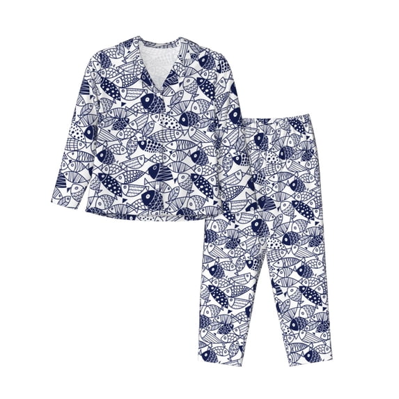 Fuzoiu Blue Fish1 Print Women's Long-Sleeved Pajama,Lounge Button Down Nightwear,Womens Notch Collar Pajama Set-XX-Large