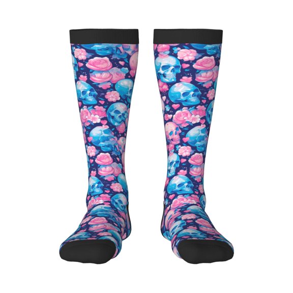 Fuzoiu Blue Flower Skull Print Adult Stockings,Crew Socks,Unisex Fashion Socks, Casual Sports Socks,Comfortable Crew Socks for Everyday Wear and Sports