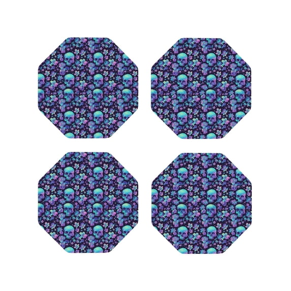 Fuzoiu Blue Flower Skull Print Leather Coasters Set,Drink Coasters Set of 4,for Tabletop Protection, Durable PVC Coasters,Home Décor and Housewarming Gift-Octagon