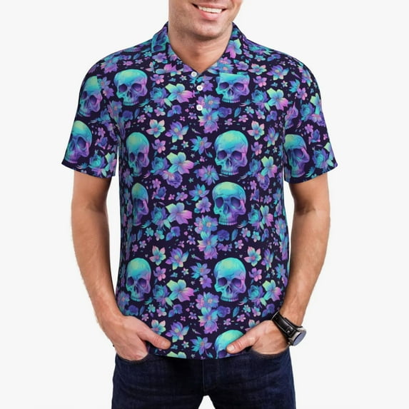 Fuzoiu Blue Flower Skull Print Men's Polo Shirts Short Sleeve,Golf Shirts for Men,Mens Golf Shirt Moisture Wicking Quick-Dry-3X-Large