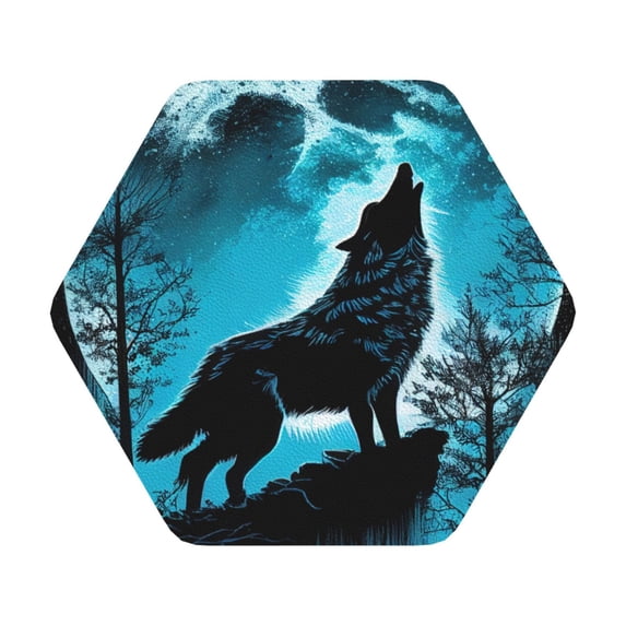 Fuzoiu Blue Full Moon Wolf Print Leather Coasters Set,Drink Coasters Set of 6,for Tabletop Protection, Durable PVC Coasters,Home Décor and Housewarming Gift,Hexagon