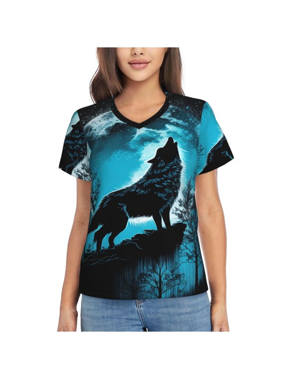 Blue Full Moon Wolf Print Women's Classic V-Neck T-Shirt, Short Sleeve V Neck Tees for Casual Everyday Wear,Casual Fit Tee,Summer Fashion Tops-Medium