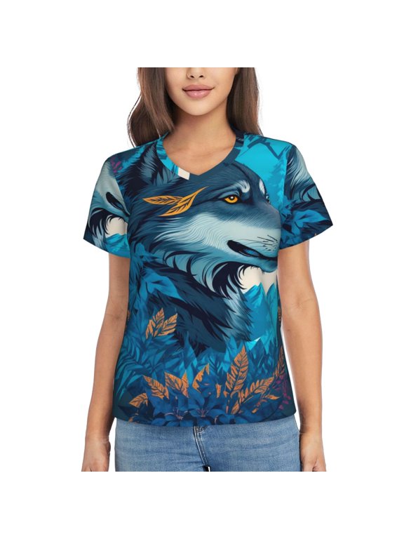 Blue Iceberg Leaf Wolf Print Women's Classic V-Neck T-Shirt, Short Sleeve V Neck Tees for Casual Everyday Wear,Casual Fit Tee,Summer Fashion Tops-Medium
