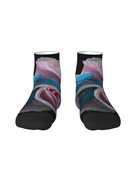 Blue Lipped Pit Viper And Three Pink Roses Print Adult Socks, Crew Moisture-wicking Socks, Unisex Cushion Crew Socks,Casual Sports Ankle Socks
