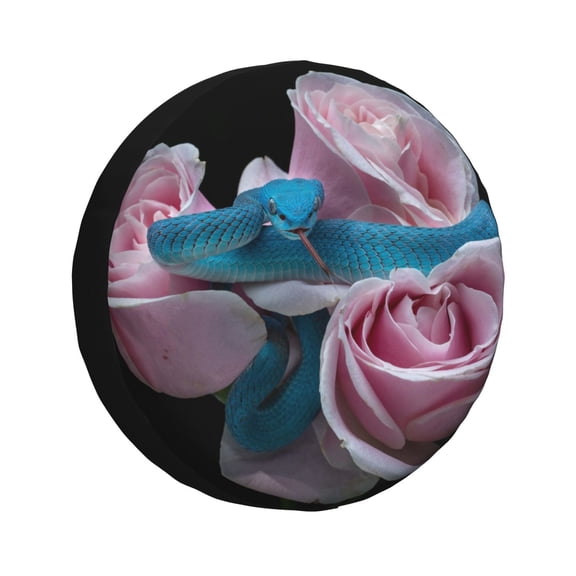 Fuzoiu Blue Lipped Pit Viper And Three Pink Roses Print Universal Spare Tire Cover with Buckle Strap, Waterproof Wheel Covers for Jeep, Trailer, RV, Truck and All Car-14 inch