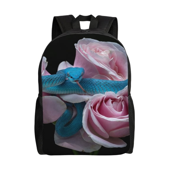 Fuzoiu Blue Lipped Pit Viper And Three Pink Roses Print Laptop Backpack,Work Business Backpacks, Large Capacity Nurse Bag College Bookbag for School, Waterproof Casual Daypack for Travel