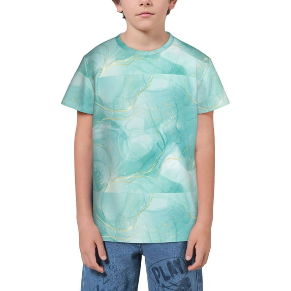 Fuzoiu Blue Marble Print Youth Short Sleeve T-Shirt,Youth Dry-Fit Active Athletic T-Shirt,Short Sleeve Tops Tees for School, Sports, and Casual Wear