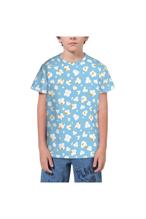 Blue Popcorn Print Youth Short Sleeve T-Shirt,Youth Dry-Fit Active Athletic T-Shirt,Short Sleeve Tops Tees for School, Sports, and Casual Wear