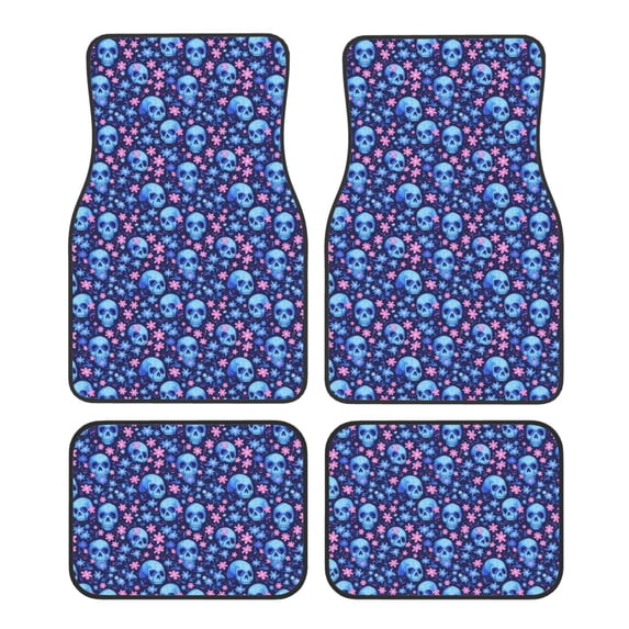 Fuzoiu Blue Skull Flower Print Carpet Floor Mats for Car,Car Foot Mat Set,Universal Fit 4 Piece Mat Pad Set,Fits Most Cars Trucks Vans Sedans SUV Auto Carpet Mat Se