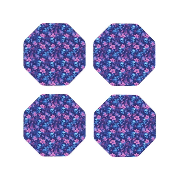 Fuzoiu Blue Skull Leaf Print Leather Coasters Set,Drink Coasters Set of 4,for Tabletop Protection, Durable PVC Coasters,Home Décor and Housewarming Gift-Octagon