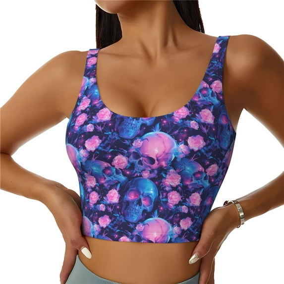 Fuzoiu Blue Skull Rose Print Women's Sports Vest,U-Back Sports Tank,Gym Vests,Athletic Sleeveless Shirts,Exercise Undershirts,Yoga, Gym, and Dance Wear-Small