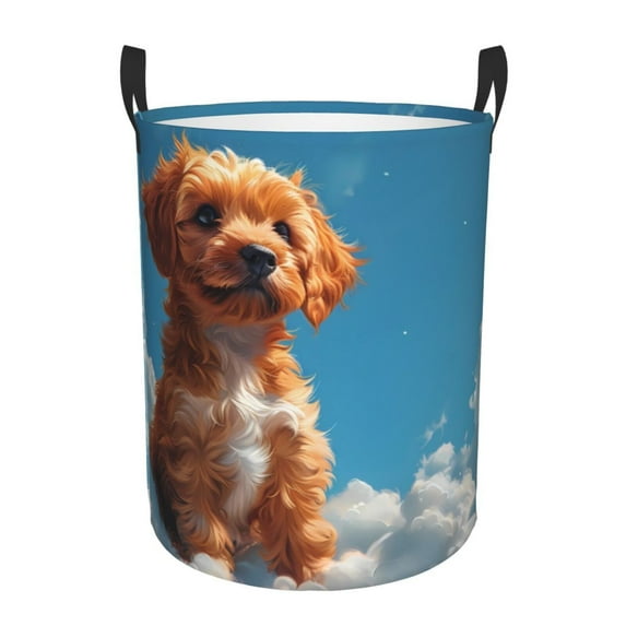 Fuzoiu Blue Sky Cloud Puppy Print Circular Hamper,Laundry Basket with Handle,Collapsible Laundry,Dirty Clothes Storage Basket,for Bedroom Bathroom Dorm Living Room-Medium