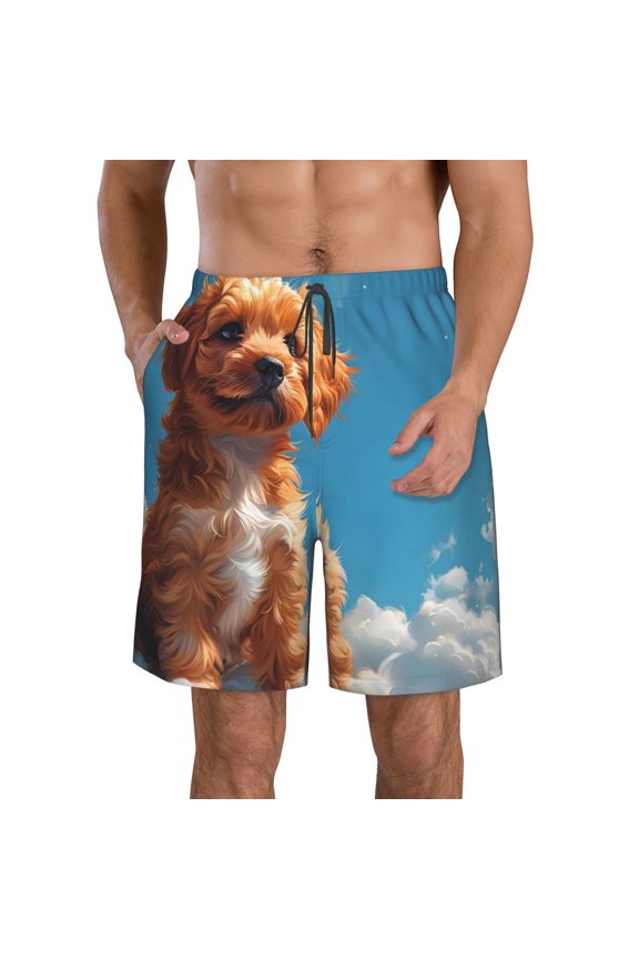 Blue Sky Cloud Puppy Print Men's Beach Shorts,Men's Swim Trunks,Quick Dry Board Shorts with Pockets,Men's Bathing Suits for Surfing, Running, and Casual Wear-Large