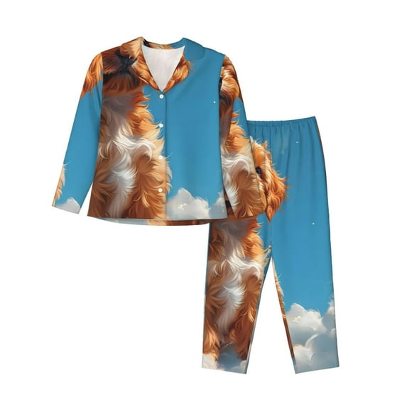 Fuzoiu Blue Sky Cloud Puppy Print Women's Long-Sleeved Pajama,Lounge Button Down Nightwear,Womens Notch Collar Pajama Set-Large