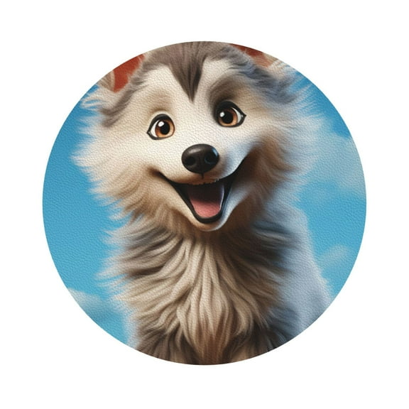 Fuzoiu Blue Sky Cute Wolf Print Leather Coasters Set,Drink Coasters Set of 6,for Tabletop Protection, Durable PVC Coasters,Home Décor and Housewarming Gift,Round Shape
