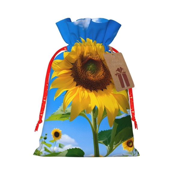 Fuzoiu Blue Sky Sunflower Print Christmas Gift Bag,Burlap Gift Bag with Drawstring Closure & Hang Tag,Perfect for Holidays, Birthdays, and Special Occasions-Medium