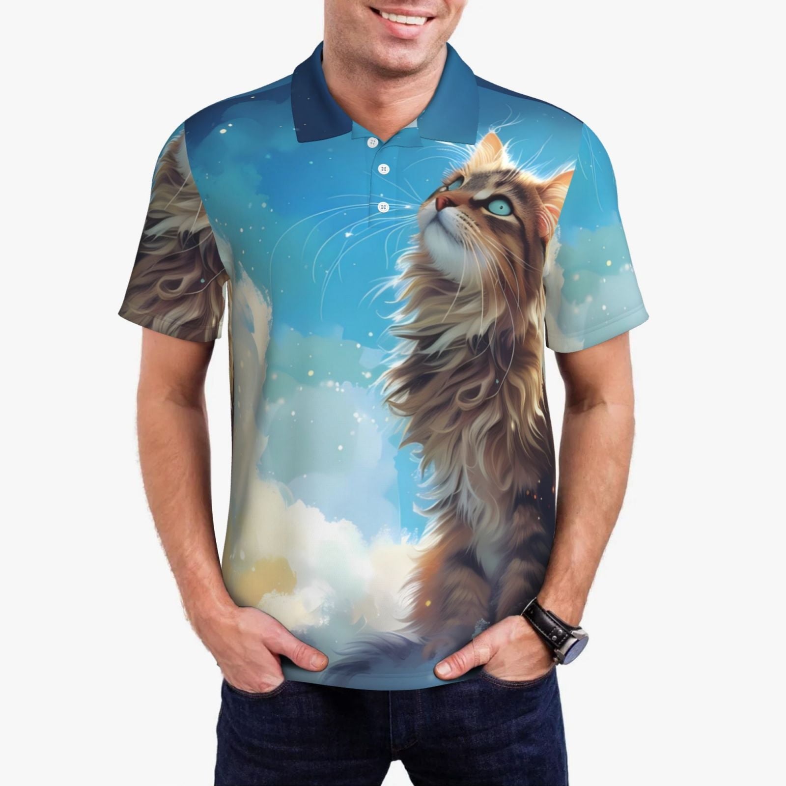 Fuzoiu Blue Sky Winged Cat Print Men's Polo Shirts Short Sleeve,Golf ...