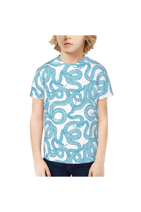 Blue Snake Print Boys' Casual T-Shirt,Crewneck Undershirts,Boys Athletic Shirt,Short Sleeve T-Shirts for Outdoor Play