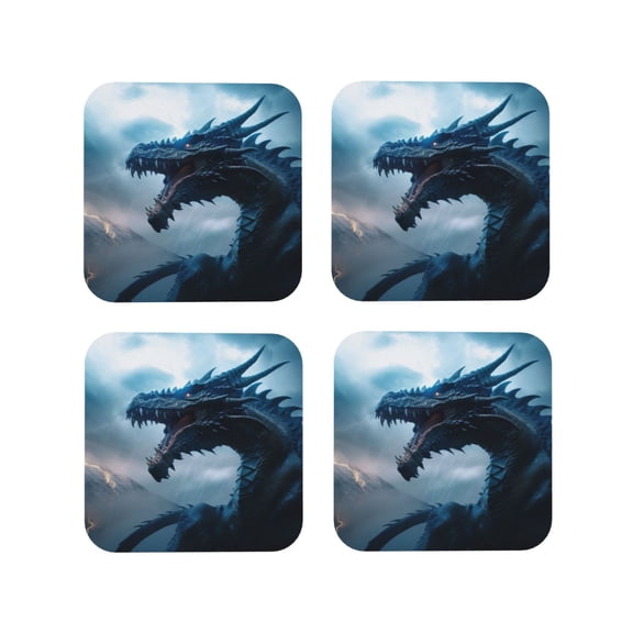 Fuzoiu Blue Thunder Storm Dragon Print Leather Coasters Set,Drink Coasters Set of 4,for Tabletop Protection, Durable PVC Coasters,Home Décor and Housewarming Gift-Square