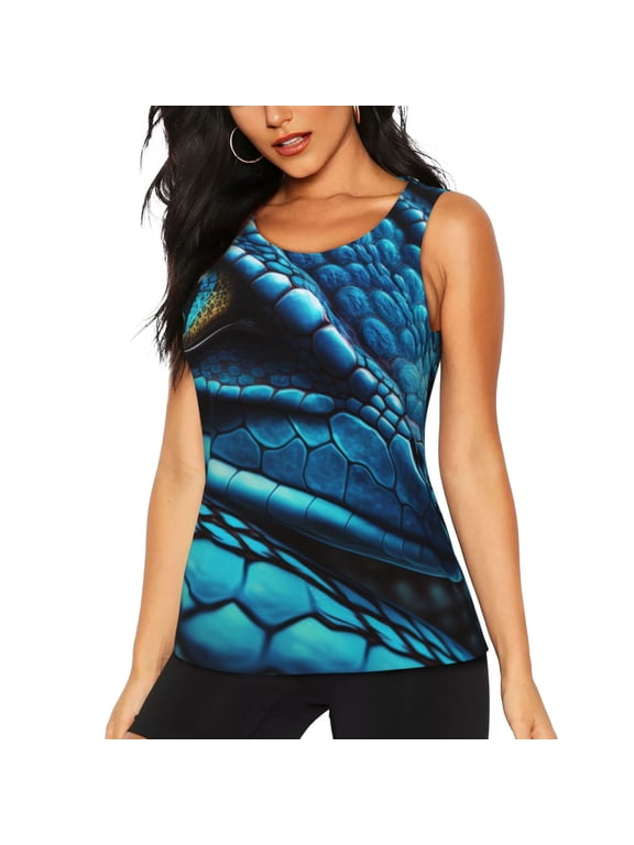 Blue Viper Snake Closeup Face Print Women's Workout Tank Top,Athletic Racerback Sports Tank,Tops Sleeveless Running Loose Fit Yoga Tops,Active Shirts for Yoga, Running, and Gym-X-Large