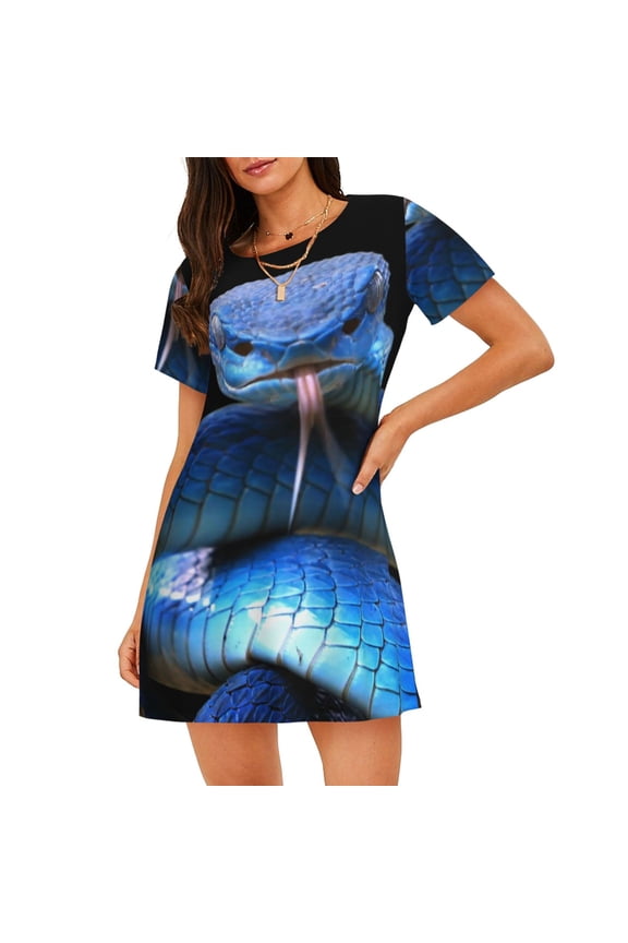 Blue Viper Snake Print Women Nightgowns, Soft Comfy Lightweight Short Sleeves Sleepwear,Crew Neck Loungewear
