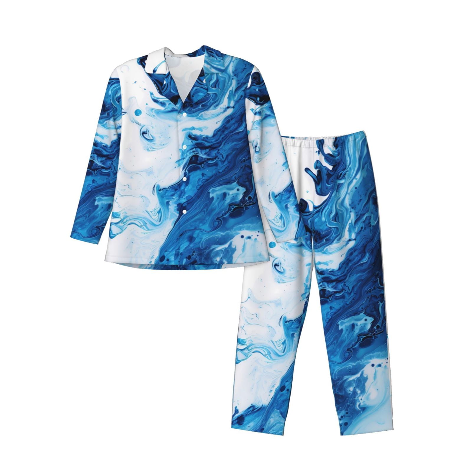 Fuzoiu Blue White Fluid Art Print Men's Long-sleeved Pajama,lounge 