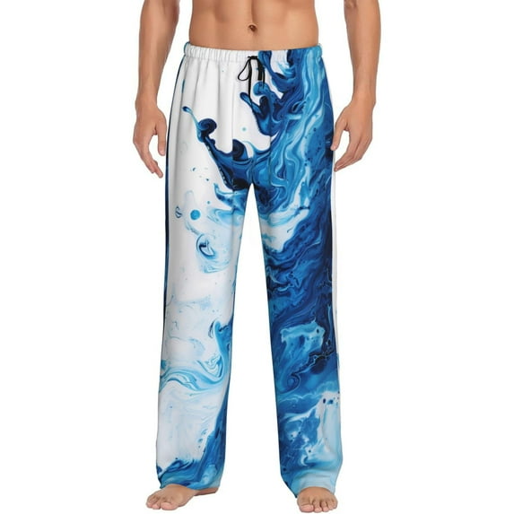 Fuzoiu Blue White Fluid Art Print Men's Pajama Pants,Lounge Pants for Men,Lounge PJ Bottoms,Sleepwear Pants with Drawstring Pockets -XX-Large