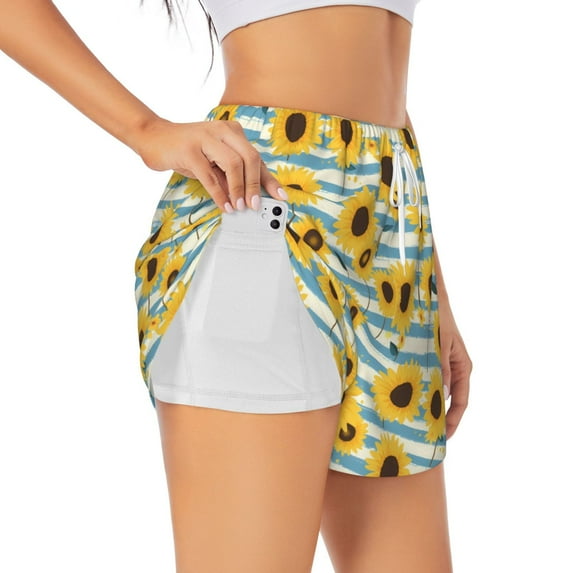Fuzoiu Blue White Striped Sunflower A Print Women's Athletic Shorts, Double-Layer Running Shorts with Pocket,Women's Workout Shorts for Yoga, Gym, and Workouts-Large