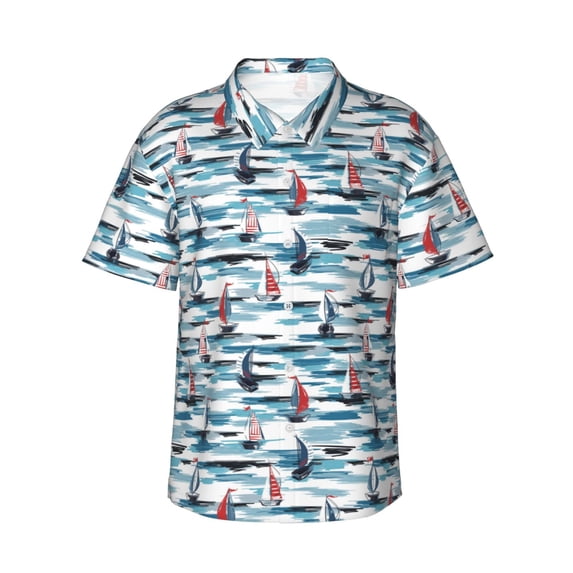 Fuzoiu Boat In Ocean Print Hawaiian Shirt for Men, Summer Beach Casual Short Sleeve Button Down Shirts, Men’s Beach Summer Shirts with Pocket,XX-Large