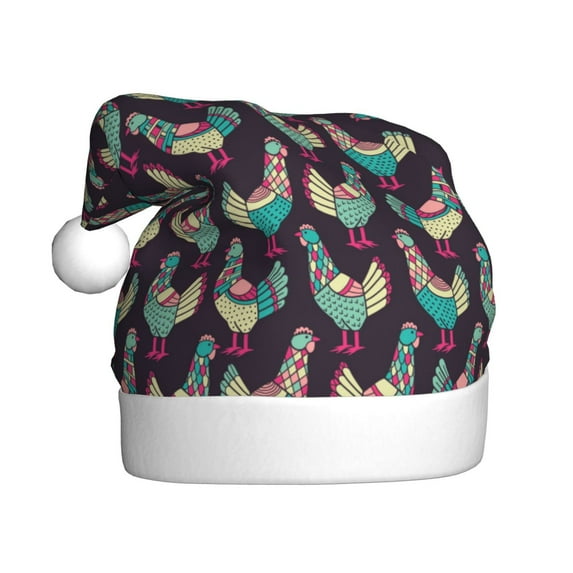 Fuzoiu Bohemian Chicken Print Santa Hat Christmas Hat for Adults,Santa Hats with Pompom, Unisex Xmas Holiday Hat for Christmas New Year Festive Party Supplies