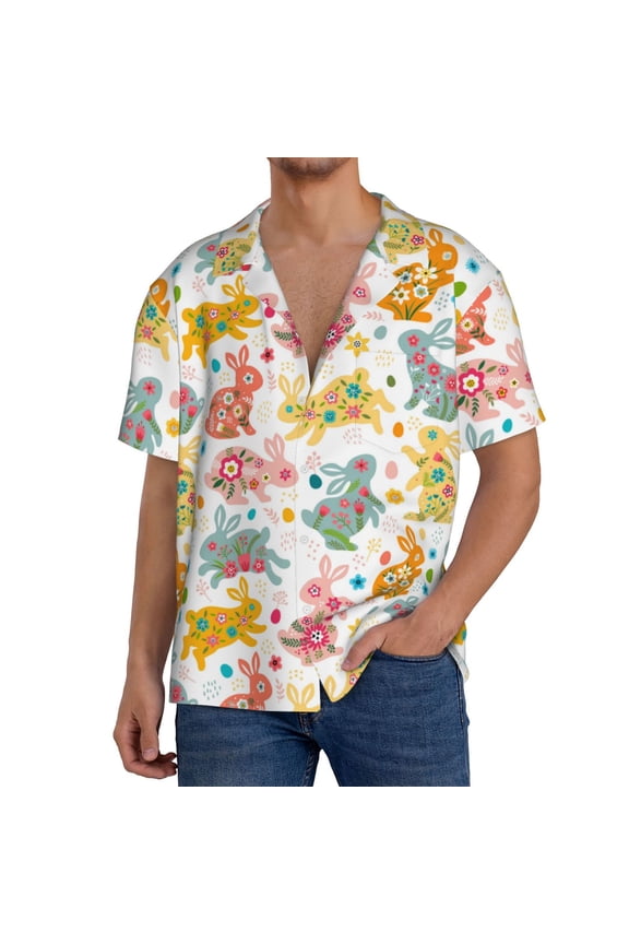 Boho Bunny Print Men's Casual Short,Men's Short Sleeve Shirt,Mens Casual Button Down Shirts,Cuban Collar Summer Shirt for Beach, Vacation, and Outdoor Activities-Medium