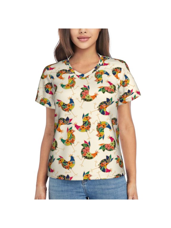 Boho Chicken Print Women's Classic V-Neck T-Shirt, Short Sleeve V Neck Tees for Casual Everyday Wear,Casual Fit Tee,Summer Fashion Tops-X-Large